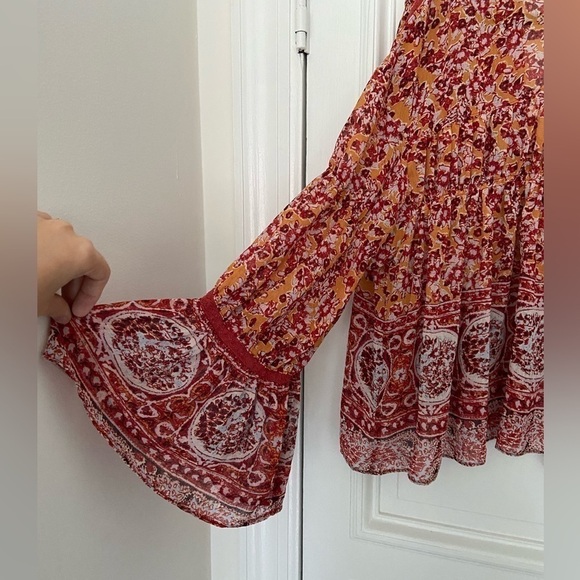 Free People Tiered Kimono Tie Front Orange Red Pattern Flowy Lightweight Blouse - Picture 9 of 14